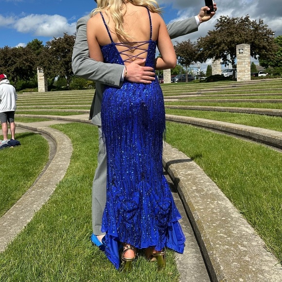 Amarra Cobalt Blue Beaded Dangles Spaghetti Strap Gown Women’s Size 2 Prom Dress - Picture 3 of 15